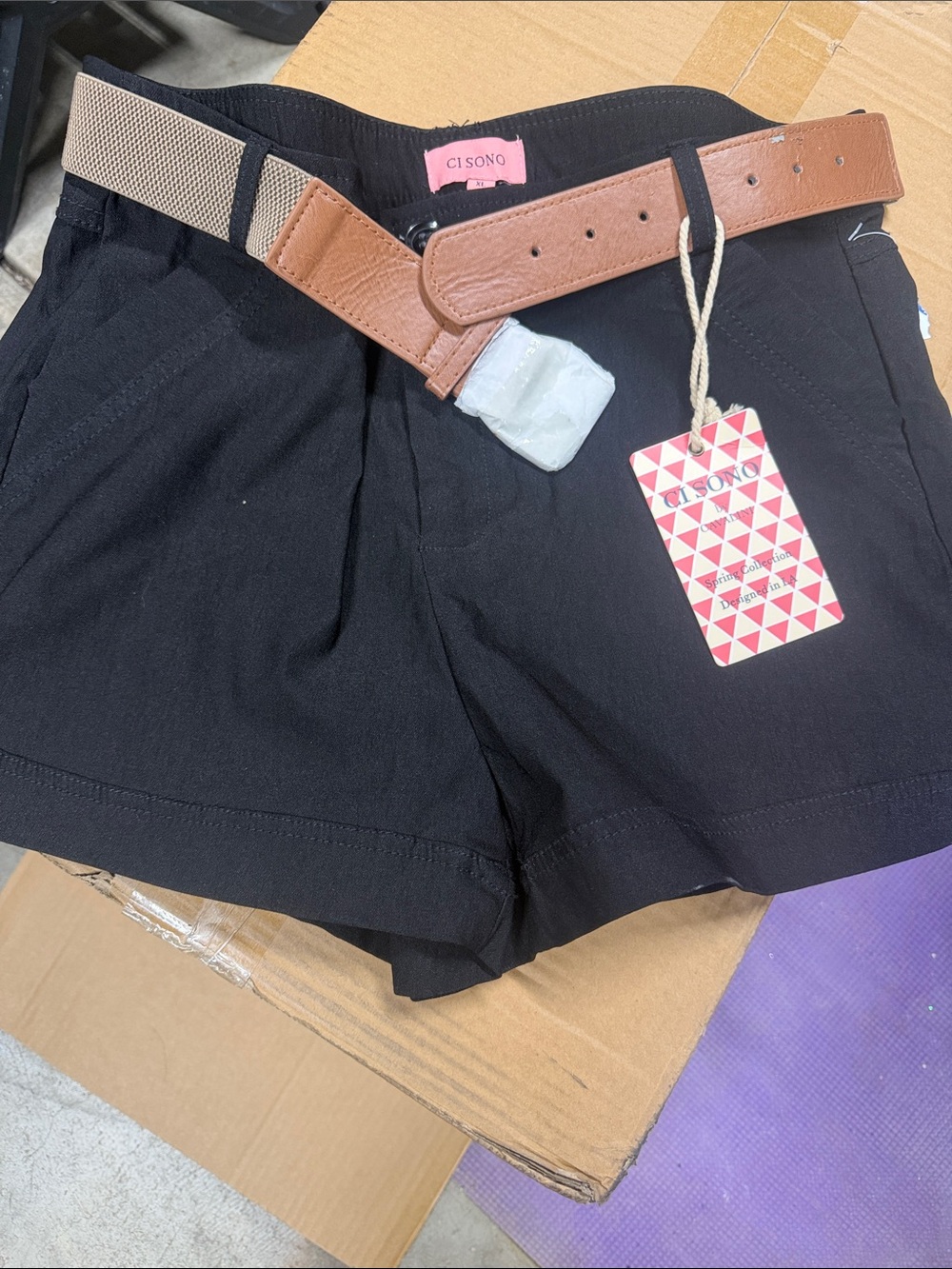Ci Sono Black High Waist Women's Shorts with Brown Belt